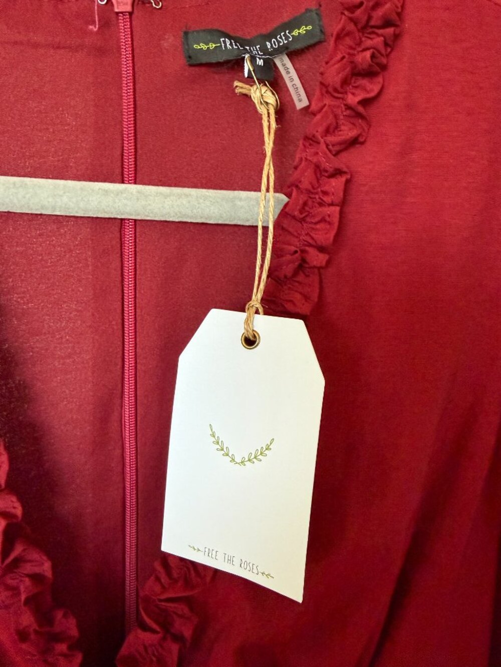 Free The Roses Burgundy Ruffle Mini Dress Size M NWT Long Sleeve V Neck - Picture 6 of 10